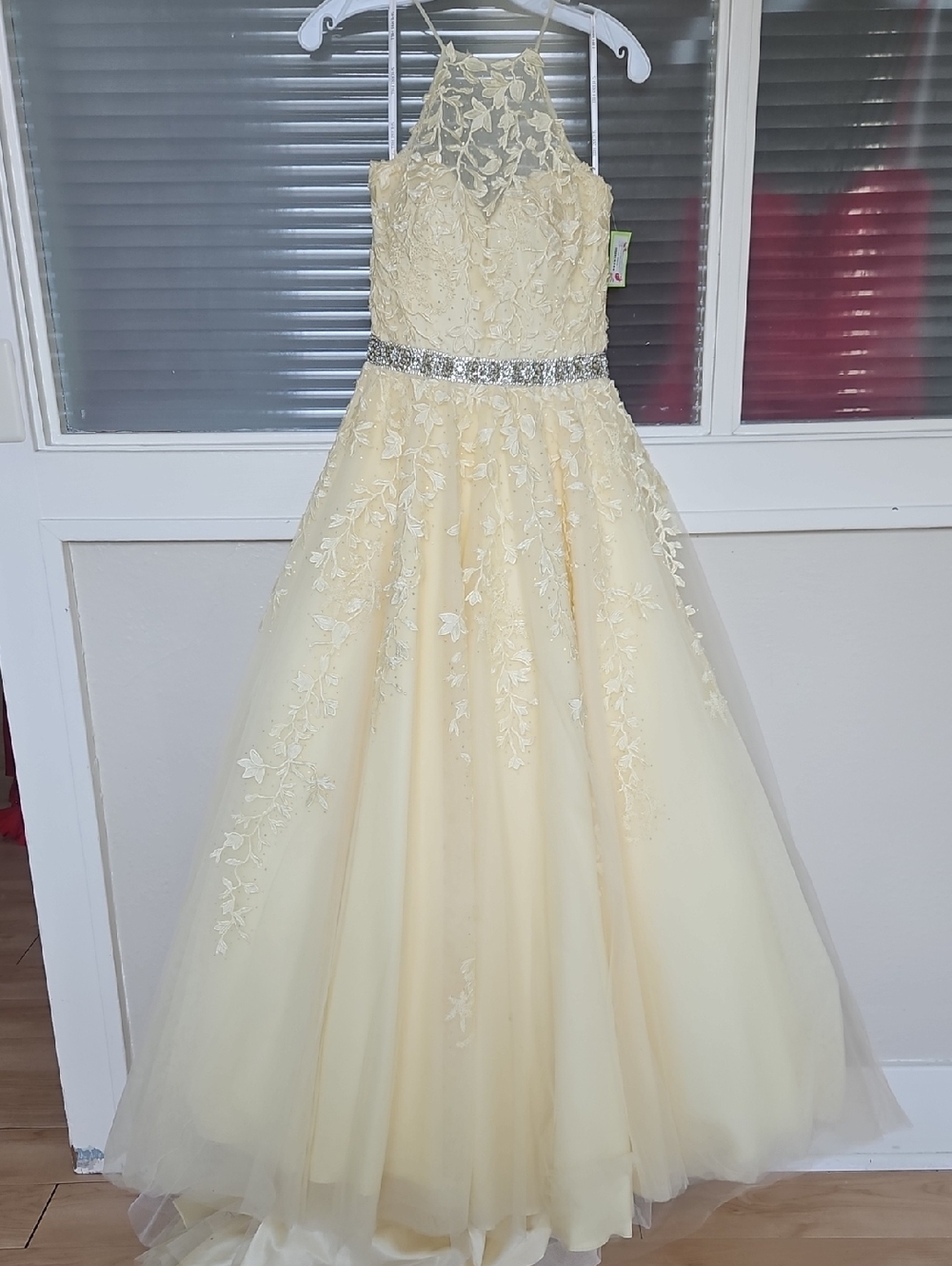 Size 6 Yellow High Neck Lace Ballgown By Sherri Hill Altered To About 5'7